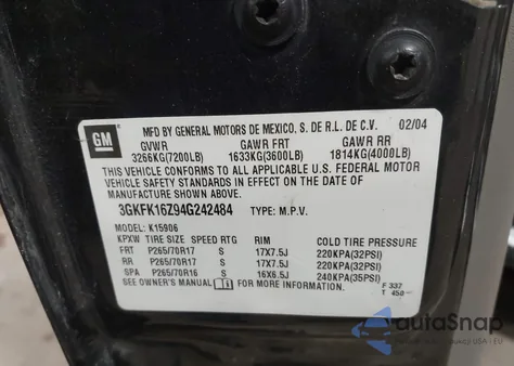 2004 GMC Yukon Xl 1500 Slt z USA, uszkodzony, nr VIN 3GKFK16Z94G242484